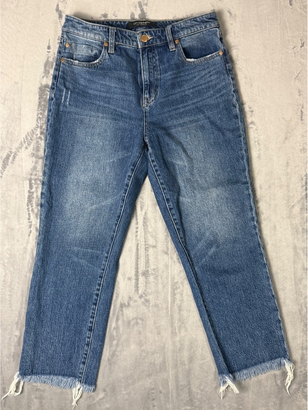 Liverpool Los Angeles Womens 4/27 Crop Straight Jeans Raw Frayed Hem Blue